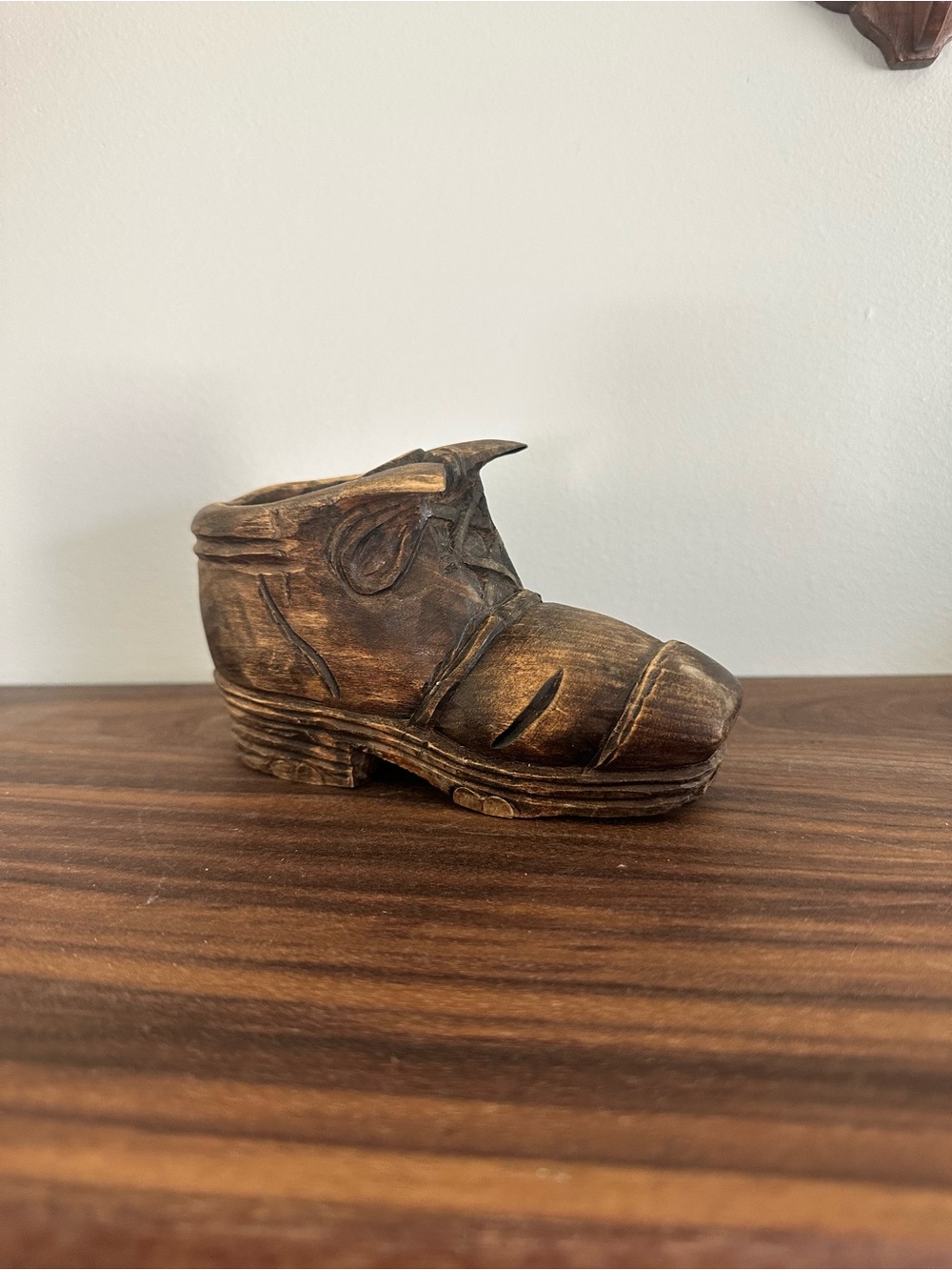 Vintage Folk Art Carved Wooden Shoe Figurine